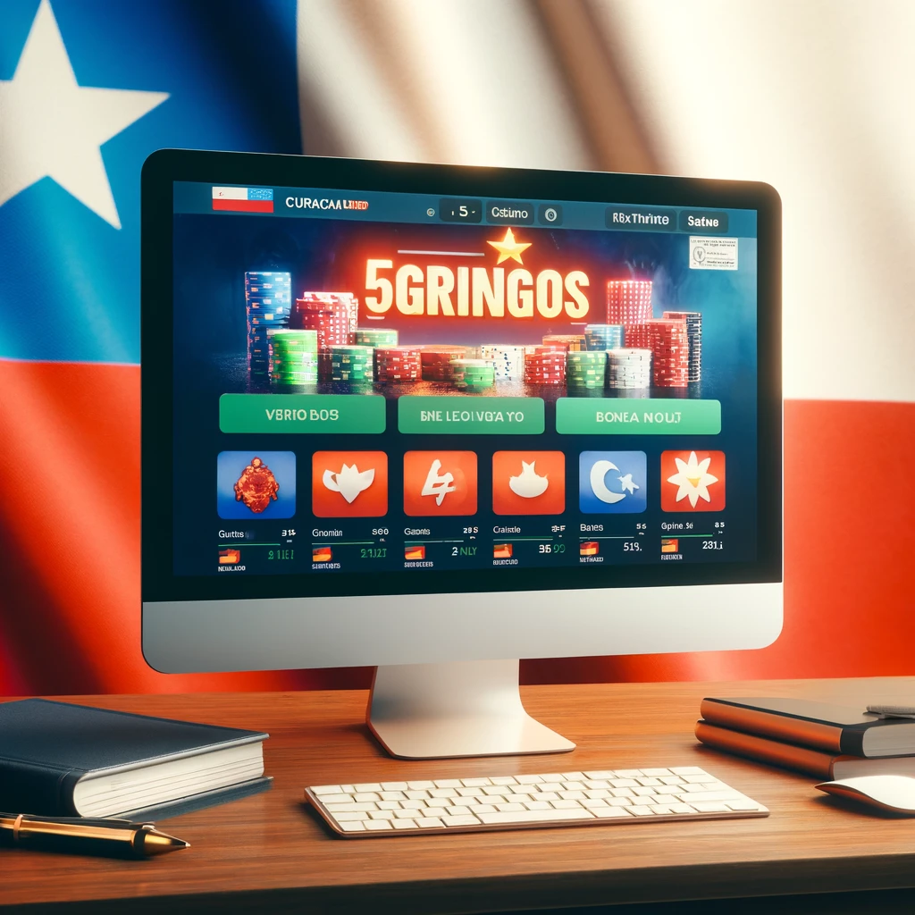 Online casino review scene with a Chilean flag and 5gringos website.